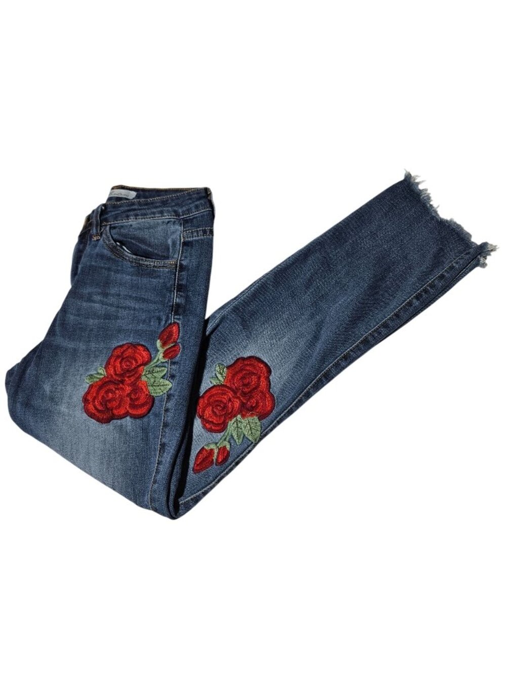 KanCan Jeans Womens Size 3 Skinny Mid Rise Embroidered Red Rose Denim Pants